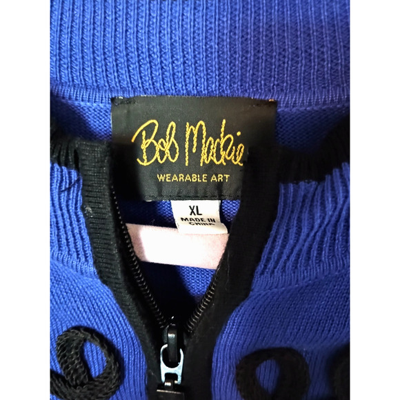 Bob Mackie Wearable Art Cobalt Blue Black Trim Front Zip Cardigan Sweater XL - Picture 2 of 4